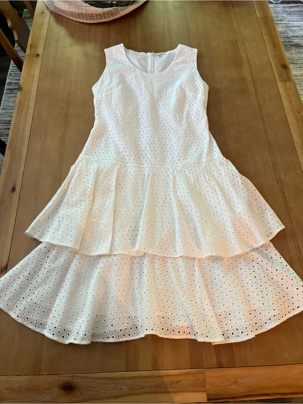 J. Peterman White Cotton Eyelet Tiered Drop-Waist Dress - Size 10